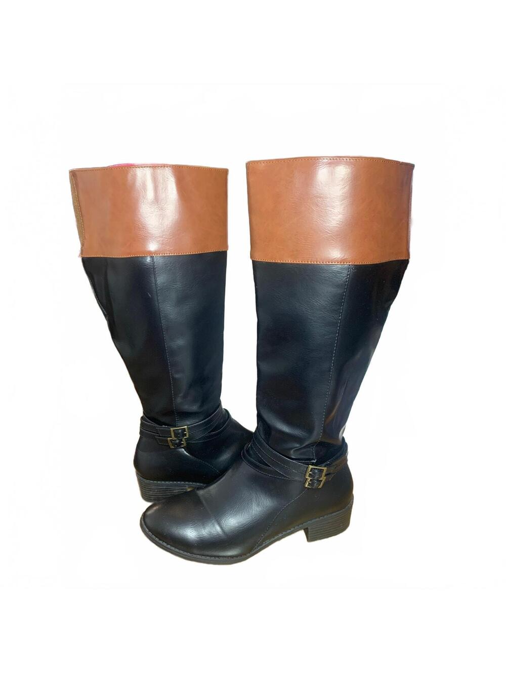 Two-Tone Black and Brown Knee-High Leather Boots with Buckle Detail Women's 10
